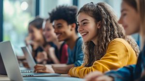 Cinco estudantes estudando em um computador para o ENEM.